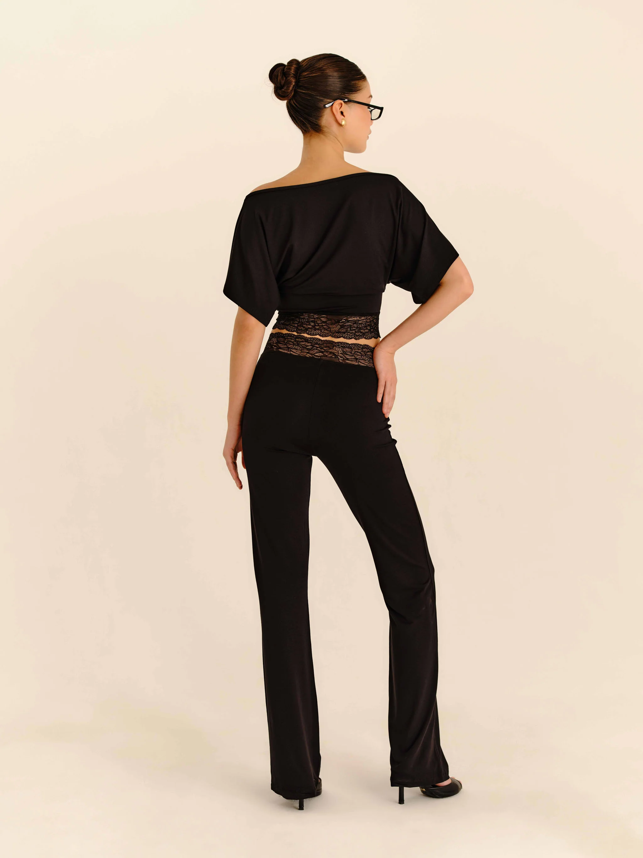 Lace Trim Boat Neck Top - Jet Black - Image 5